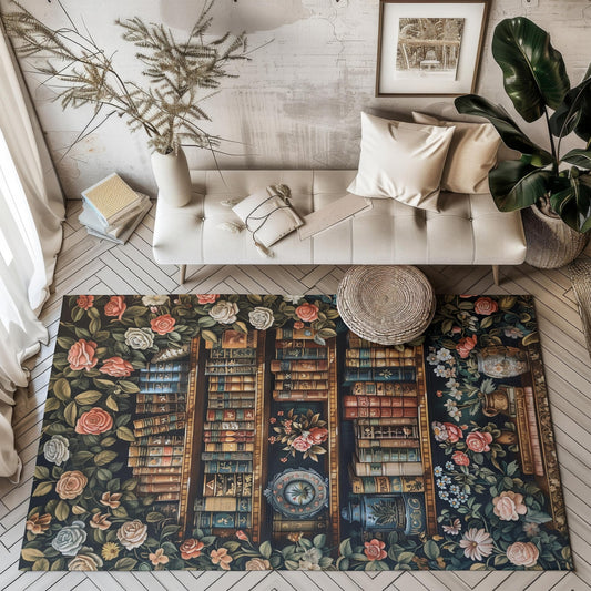 Floral Bookshelf Area Rug: William Morris Inspired, Cozy Decor