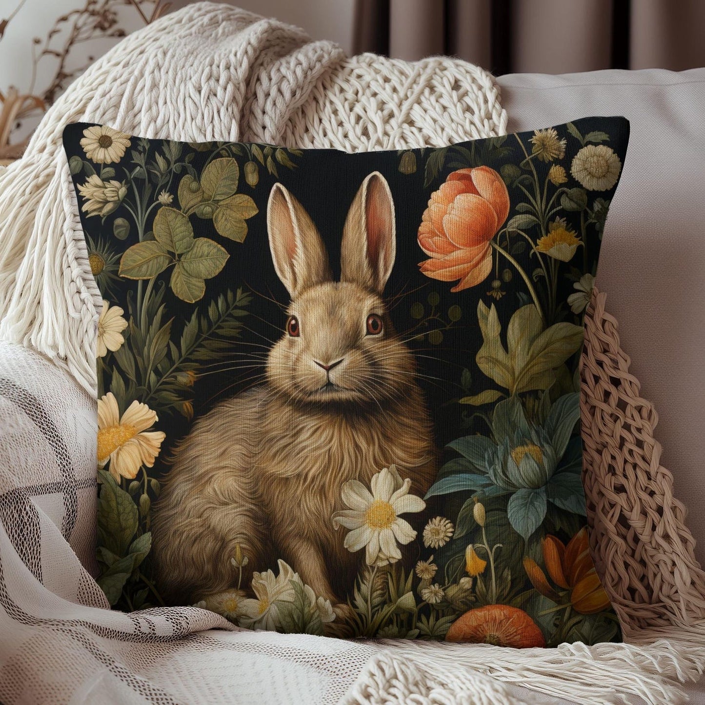 William Morris Inspired Bunny Rabbit Pillow, Decorative Rabbit Cushion, Spun Polyester Square Pillow