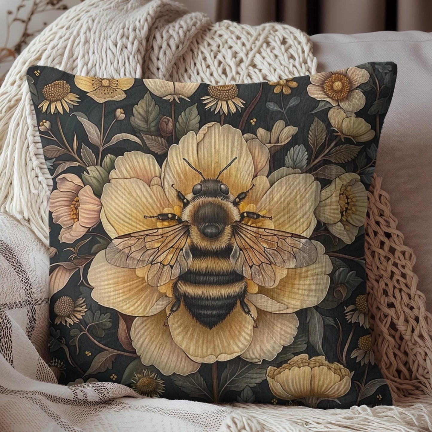 Botanical Bumblebee Pillow: William Morris Art Nouveau Cushion