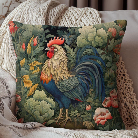 William Morris Inspired Rooster Pillow: Botanical Cottagecore Decor