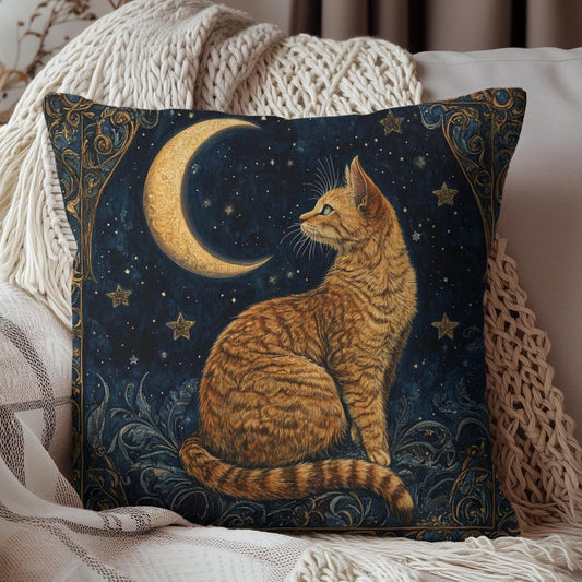 Cat Crescent Moon and Stars Decorative Pillowcase, William Morris Inspired | Cottage-core Pillowcase