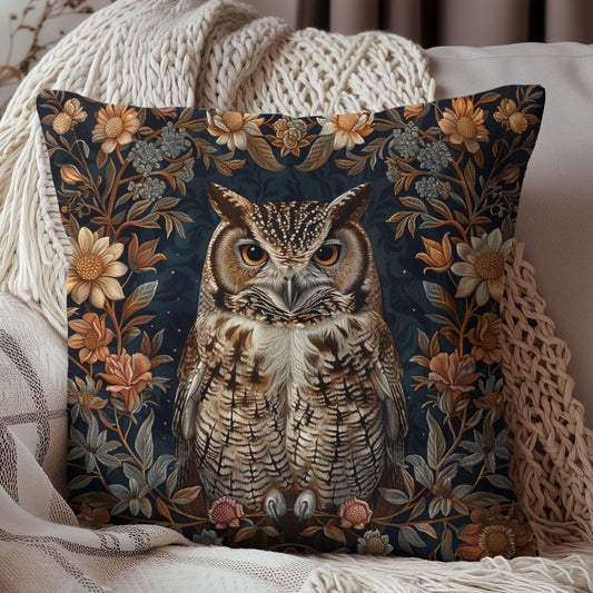 Botanical Screech Owl Pillow: Morris Inspired Cottagecore Decor