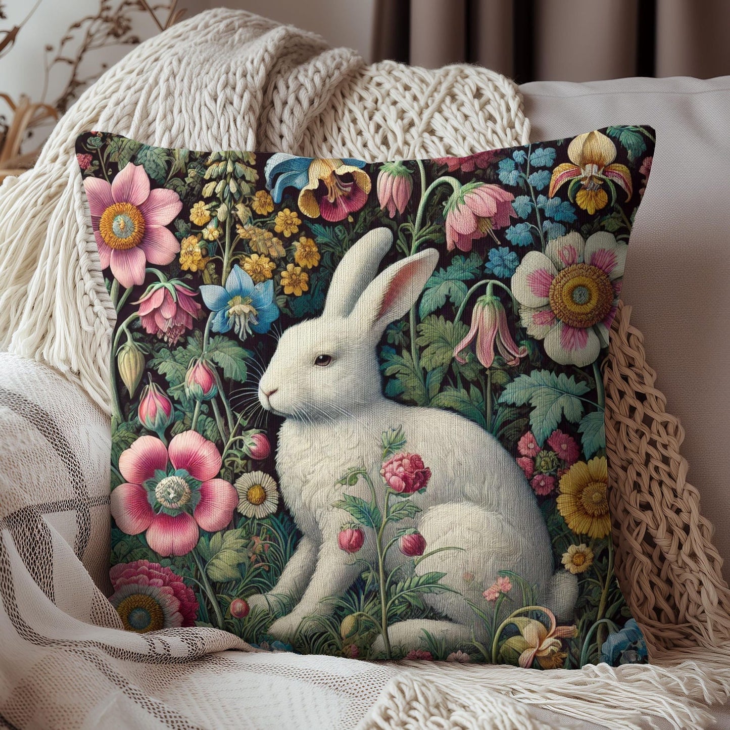 Whimsical Floral Rabbit Pillow, Cute Home Decor, Spring Accent Cushion, Easter Decoration, Garden Vibe, Gift Idea