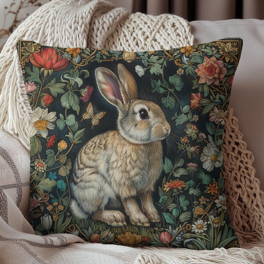 William Morris Inspired Botanical Bunny Rabbit Pillow | Cottagecore Art Nouveau Pillow Cushion Gift for Her