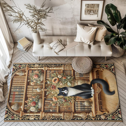 Cat Bookshelf Area Rug: Vintage Library Theme, Pet-Friendly Decor