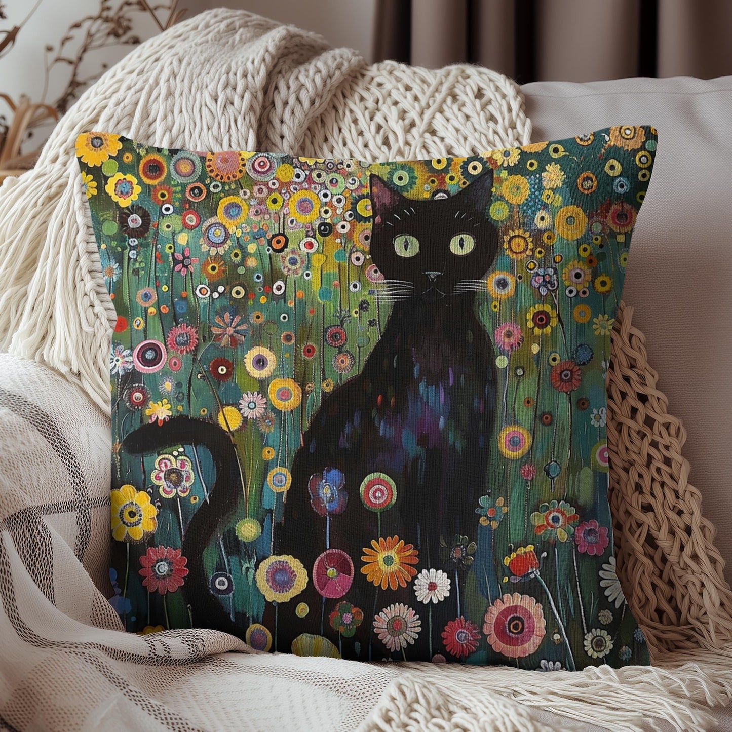 Whimsical Cat Floral Mewdow Square Pillow, Gustav Klimt Home Decor, Black Cat Cushion