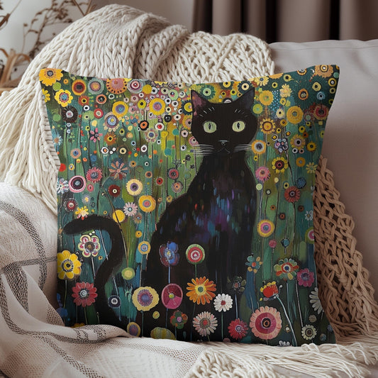 Whimsical Cat Floral Mewdow Square Pillow, Gustav Klimt Home Decor, Black Cat Cushion