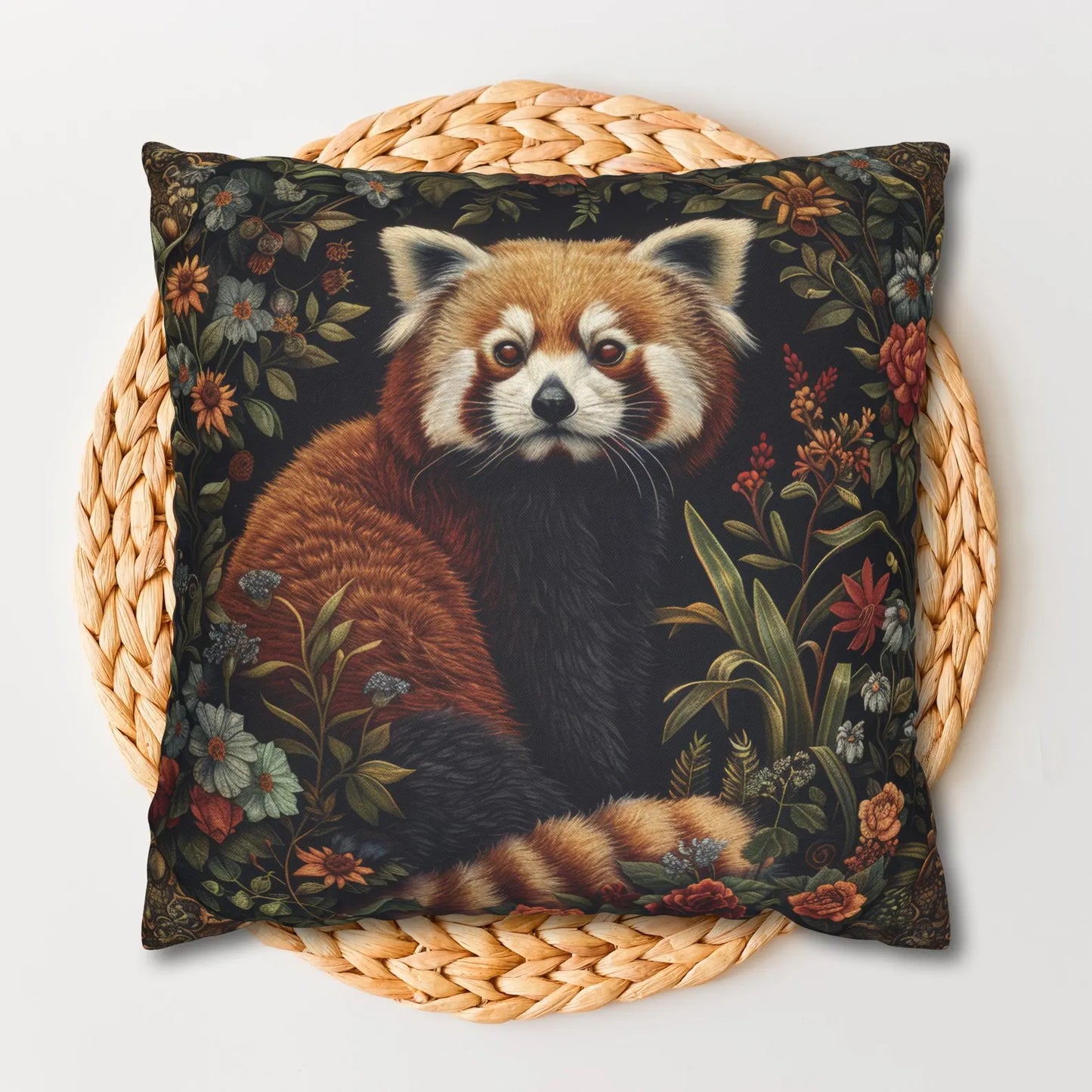Red Panda Throw Pillow: William Morris Rustic Floral Accent Cushion