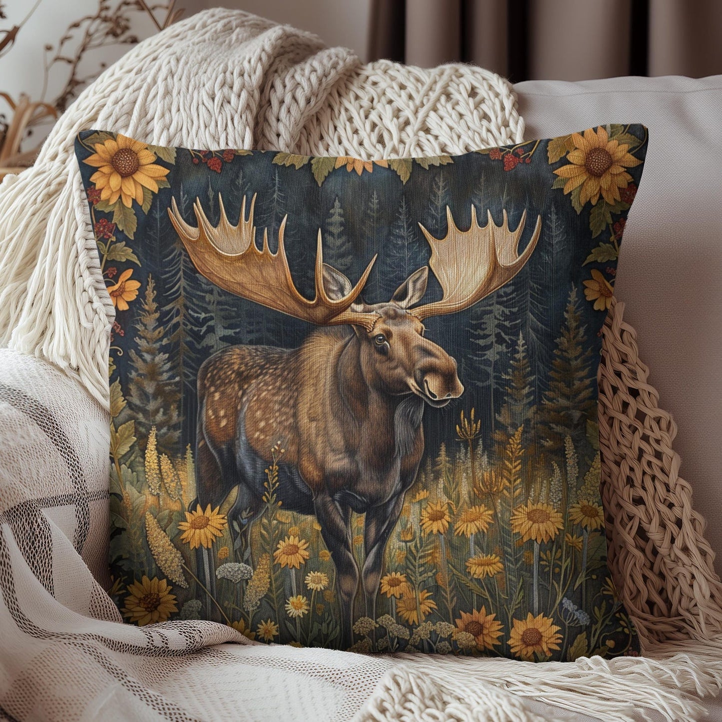 William Morris Inspired Rustic Moose Sunflower Pillow, Nature Lover Gift, Cabin Decor, Wildlife Home Accent, Cozy Living Room