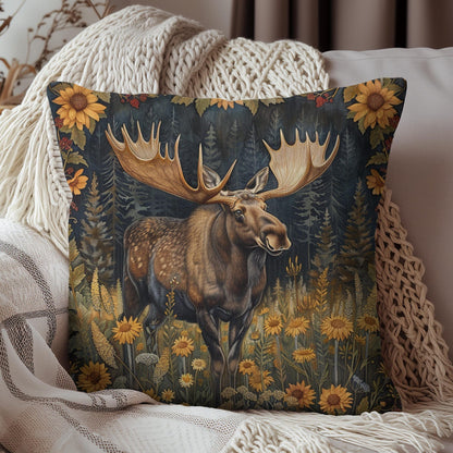 William Morris Inspired Rustic Moose Sunflower Pillow, Nature Lover Gift, Cabin Decor, Wildlife Home Accent, Cozy Living Room