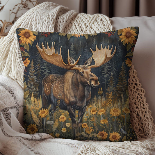 William Morris Inspired Rustic Moose Sunflower Pillow, Nature Lover Gift, Cabin Decor, Wildlife Home Accent, Cozy Living Room