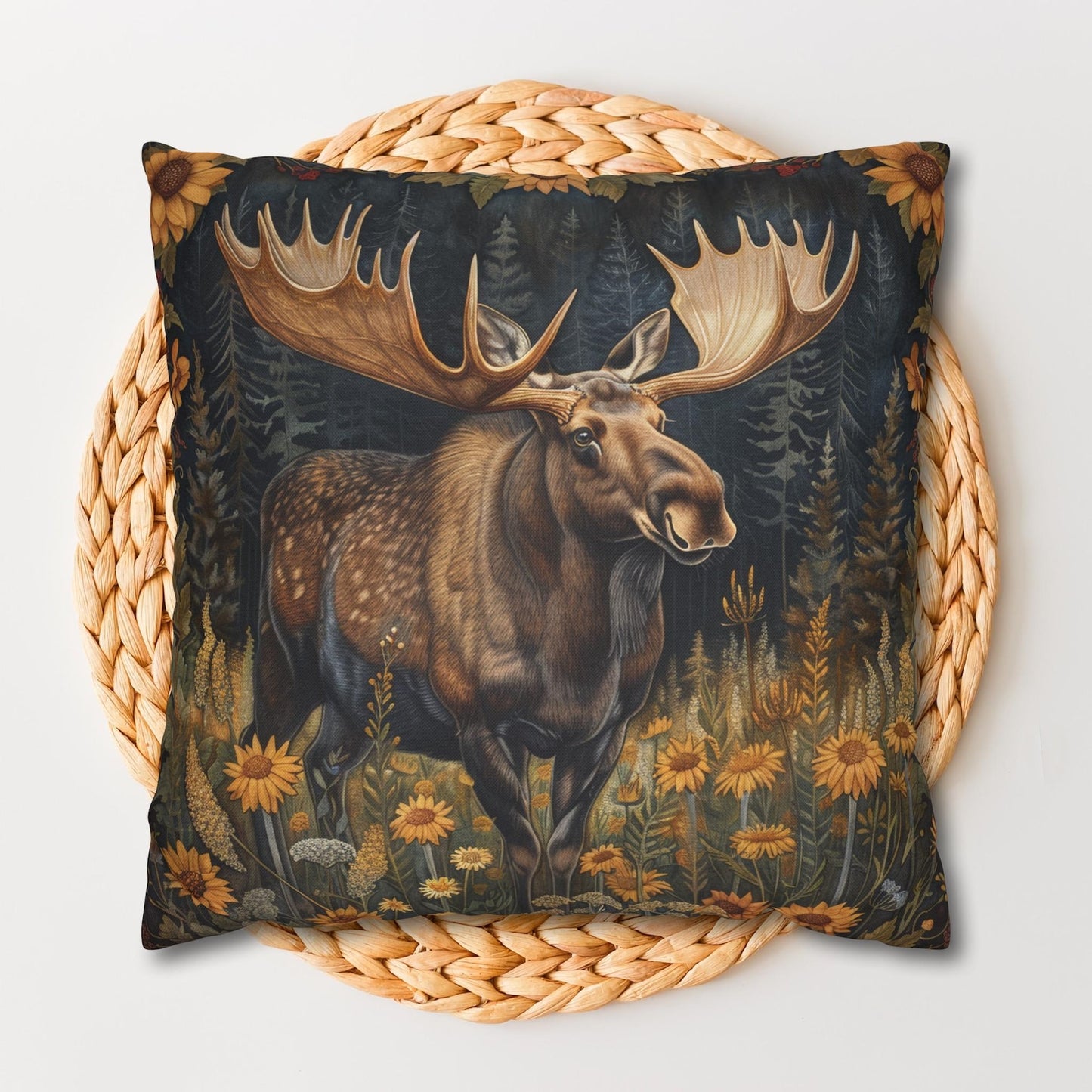 William Morris Inspired Rustic Moose Sunflower Pillow, Nature Lover Gift, Cabin Decor, Wildlife Home Accent, Cozy Living Room