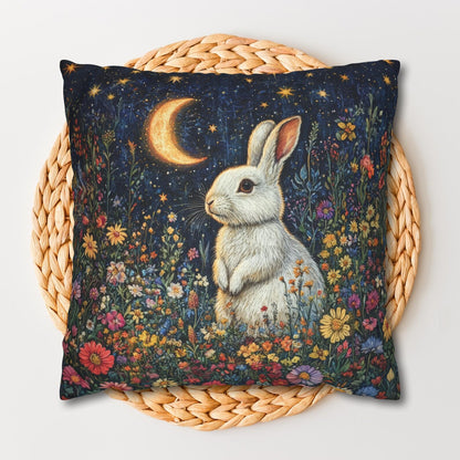 Rabbit Moon Wildflowers William Morris Inspired Pillow, Living Room Decor, Bunny Cushion Cover, Accent Pillow Bunny