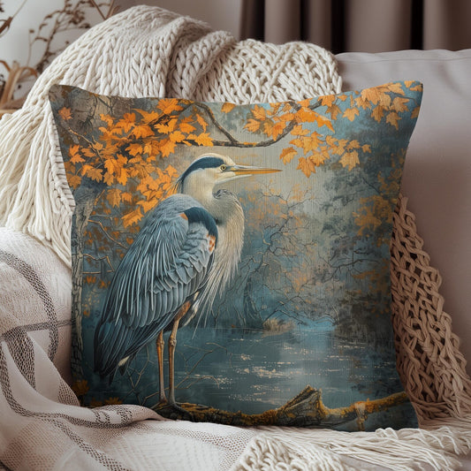 Autumn Heron Throw Pillow: Rustic Lake Scene Wildlife Decor