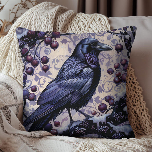 Gothic Raven Pillow Cover, Dark Forest Bird Decor, Gothic Home Accent, Crow Throw Pillow, Vintage Purple Black Cushion