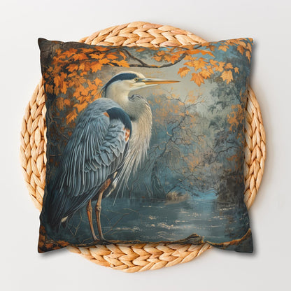 Autumn Heron Throw Pillow: Rustic Lake Scene Wildlife Decor
