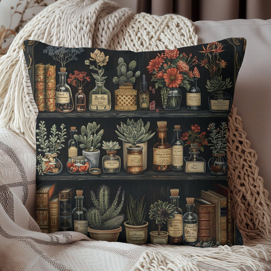 Botanical Apothecary Shelf Pillow, Dark Academia Plant & Potion Cushion, Vintage Witchcore Home Decor