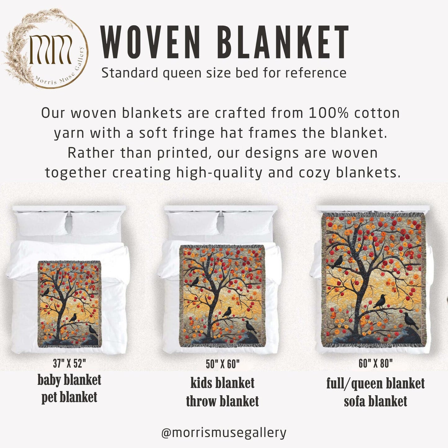 Autumn Ravens & Golden Tree Woven Cotton Blanket, Cozy Fall Nature Throw