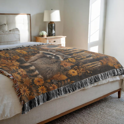 William Morris Inspired Woodland Raccoon Autumn Forest Woven Blanket, Home Decor Gift, Cozy Throw, Bedspread, Wall Tapestry