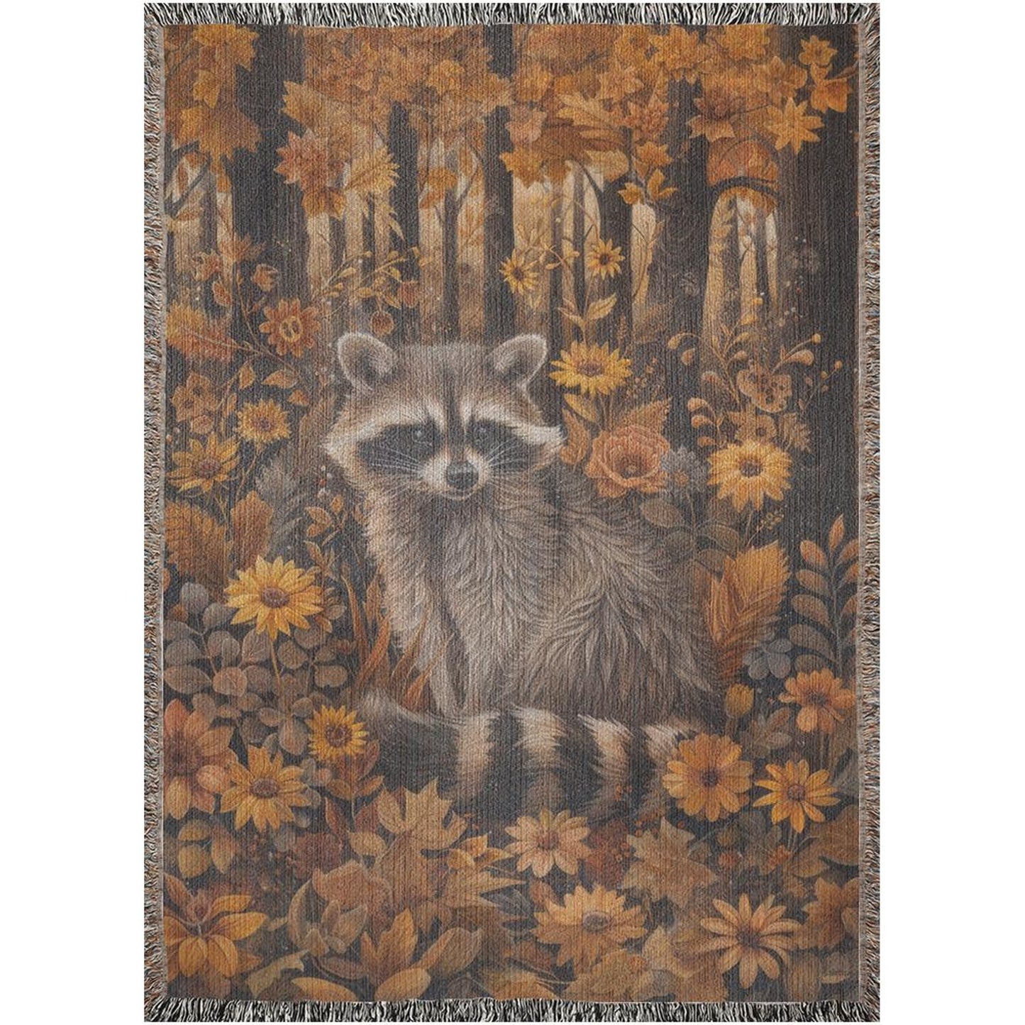 William Morris Inspired Woodland Raccoon Autumn Forest Woven Blanket, Home Decor Gift, Cozy Throw, Bedspread, Wall Tapestry