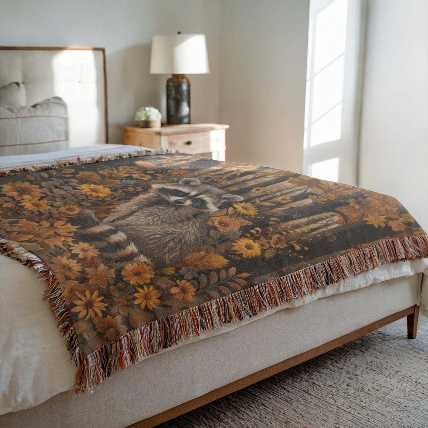 William Morris Inspired Woodland Raccoon Autumn Forest Woven Blanket, Home Decor Gift, Cozy Throw, Bedspread, Wall Tapestry