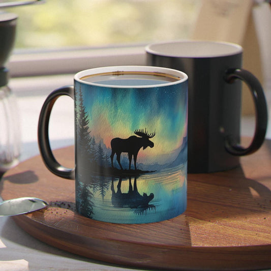 Northern Lights Moose Color-Changing Mug, Watercolor Art Style, Heat Reveal Coffee Cup 11oz
