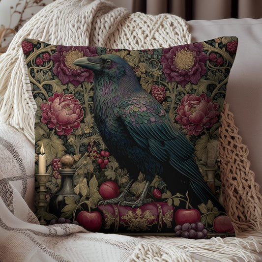 Gothic Raven & Peony Candle Pillow, Dark Academia Bird Cushion with Fruit and Floral Design, Halloween Home Decor