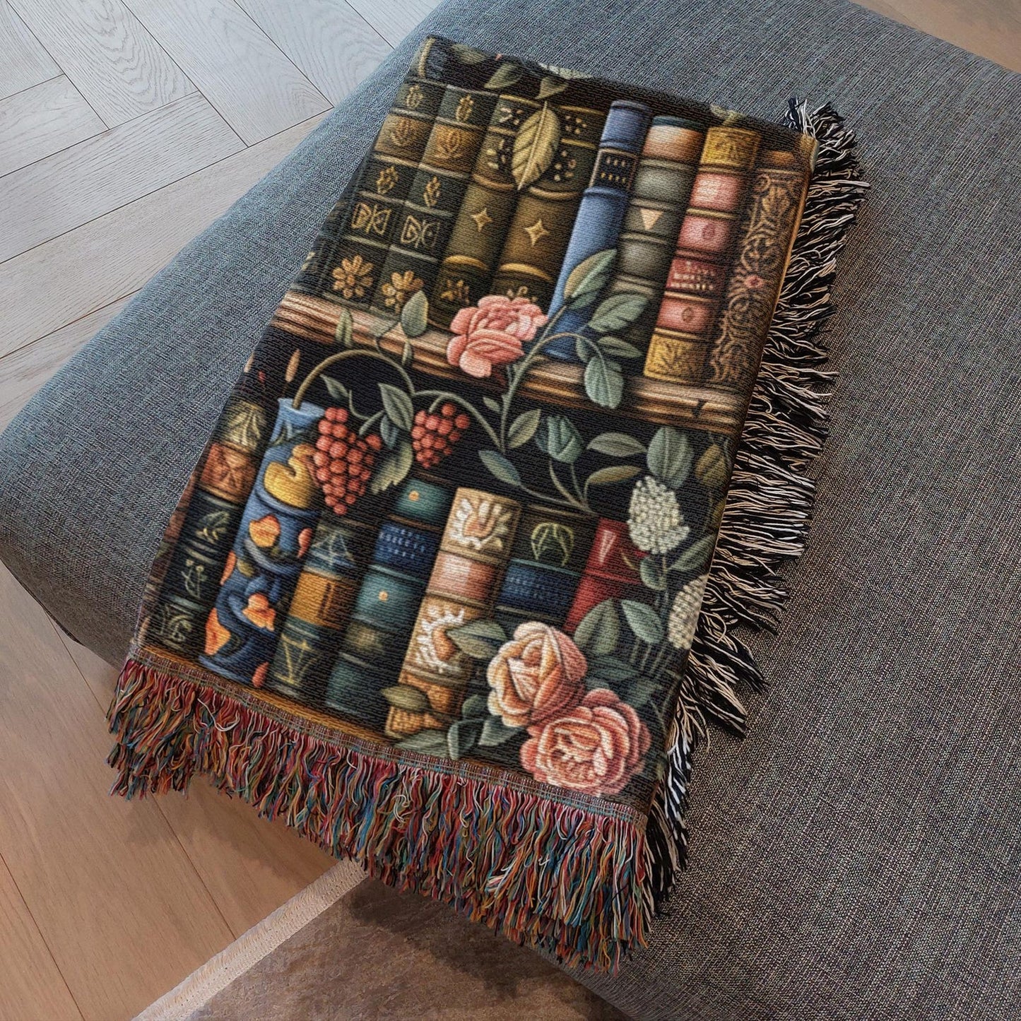 Vintage Bookshelf Woven Blanket, Dark Academia Cotton Throw With Fringe Edges