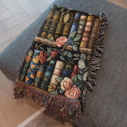 Vintage Bookshelf Woven Blanket, Dark Academia Cotton Throw With Fringe Edges