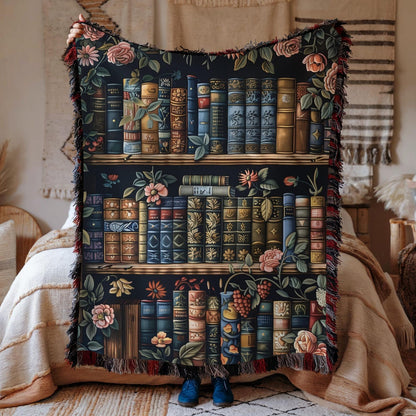 Vintage Bookshelf Woven Blanket, Dark Academia Cotton Throw With Fringe Edges