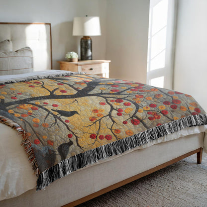 Autumn Ravens & Golden Tree Woven Cotton Blanket, Cozy Fall Nature Throw