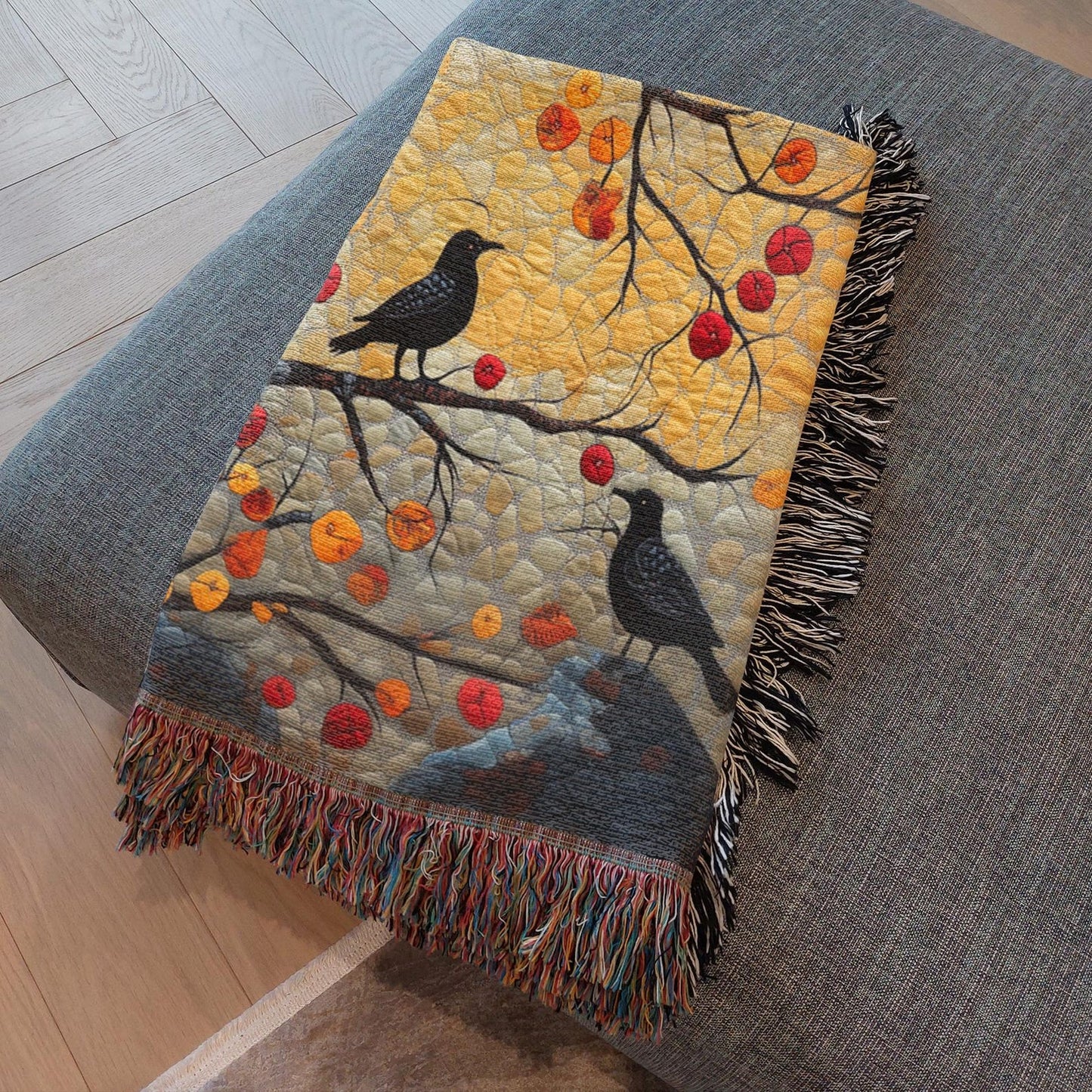 Autumn Ravens & Golden Tree Woven Cotton Blanket, Cozy Fall Nature Throw