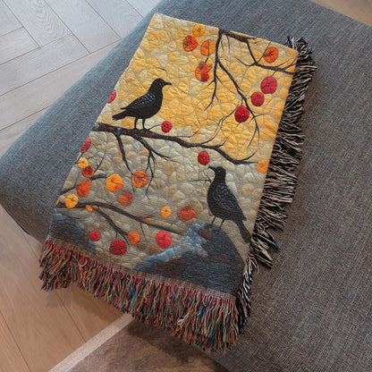 Autumn Ravens & Golden Tree Woven Cotton Blanket, Cozy Fall Nature Throw