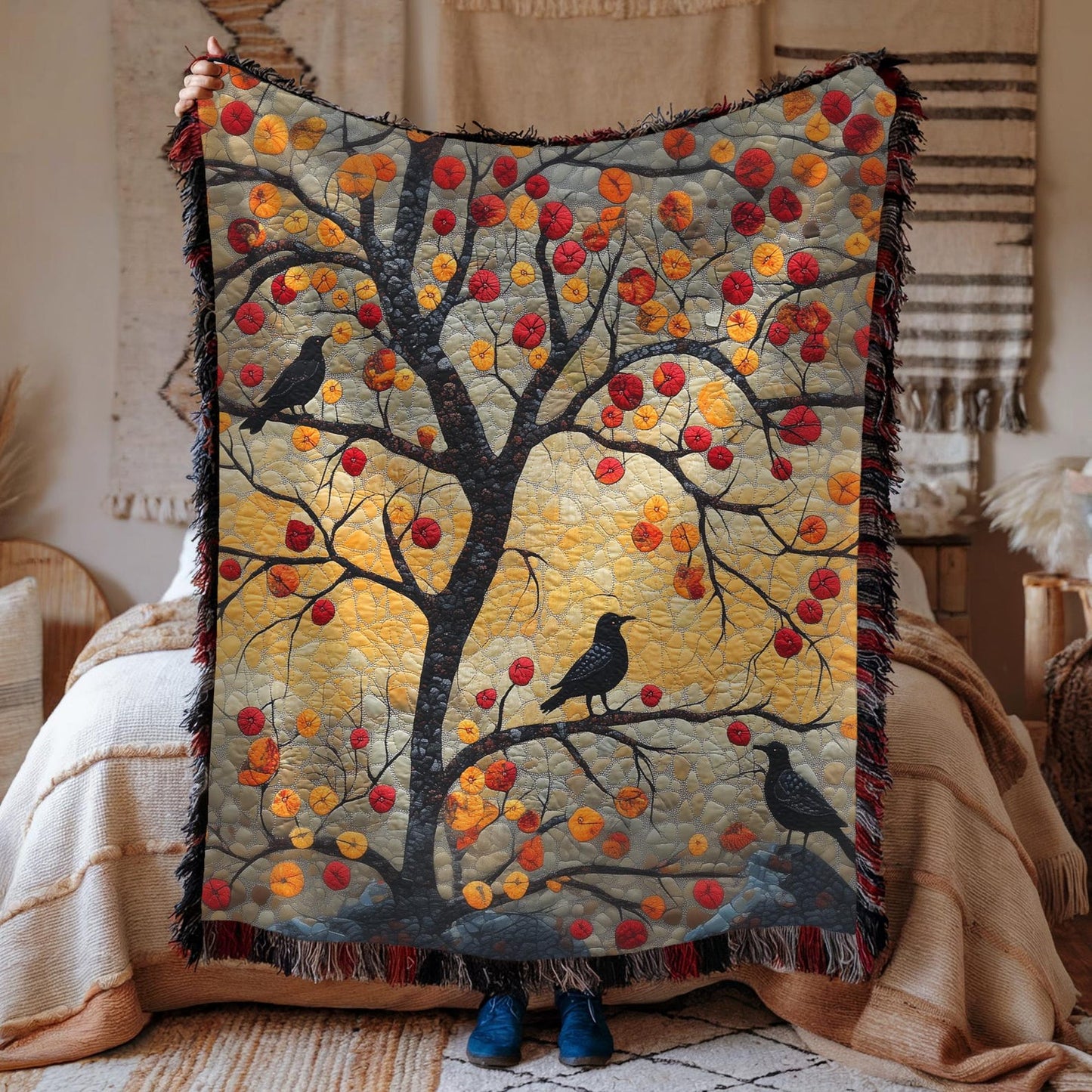 Autumn Ravens & Golden Tree Woven Cotton Blanket, Cozy Fall Nature Throw