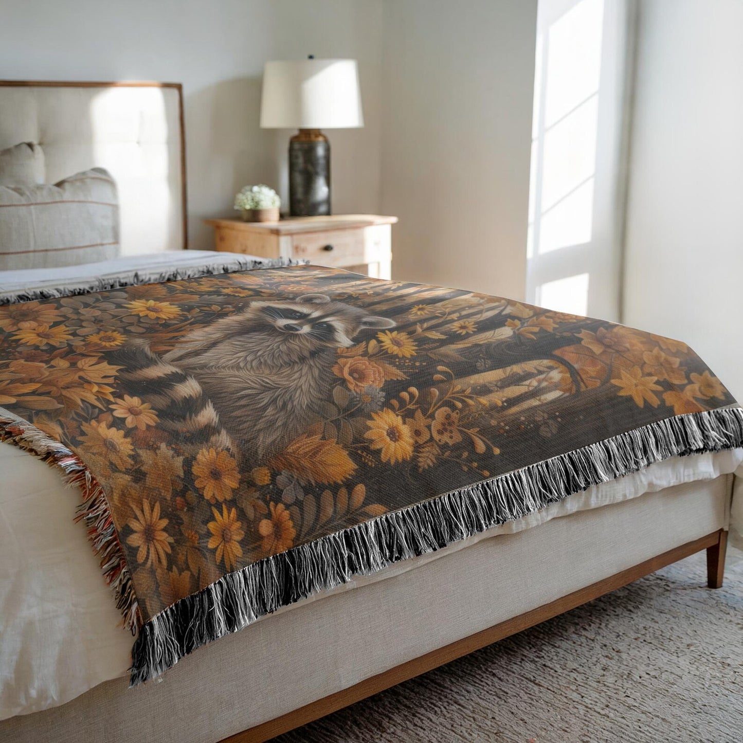 William Morris Inspired Woodland Raccoon Autumn Forest Woven Blanket, Home Decor Gift, Cozy Throw, Bedspread, Wall Tapestry