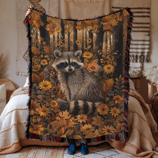 William Morris Inspired Woodland Raccoon Autumn Forest Woven Blanket, Home Decor Gift, Cozy Throw, Bedspread, Wall Tapestry
