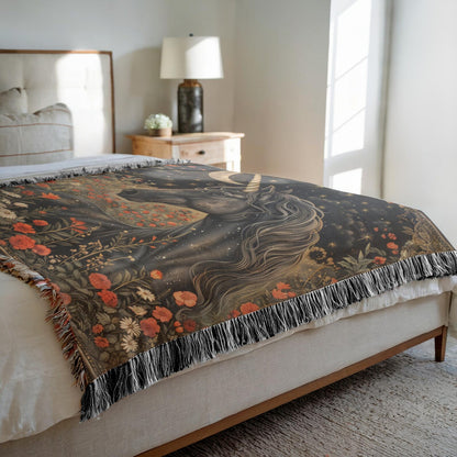 Victorian Black Unicorn Crescent Moon Stars Art Woven Blanket, William Morris Style - Home Decor Gift, Cozy Throw, Bedspread, Wall Tapestry