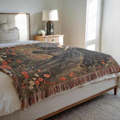 Victorian Black Unicorn Crescent Moon Stars Art Woven Blanket, William Morris Style - Home Decor Gift, Cozy Throw, Bedspread, Wall Tapestry