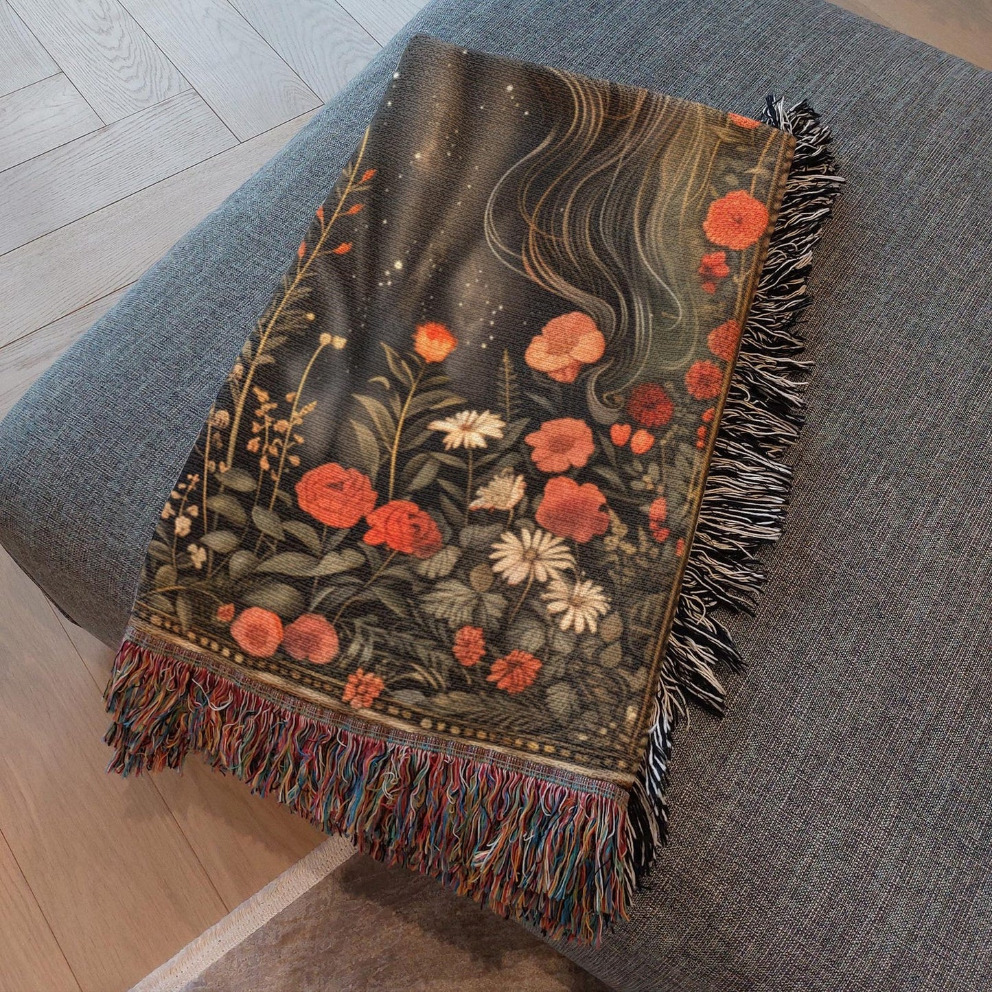 Victorian Black Unicorn Crescent Moon Stars Art Woven Blanket, William Morris Style - Home Decor Gift, Cozy Throw, Bedspread, Wall Tapestry
