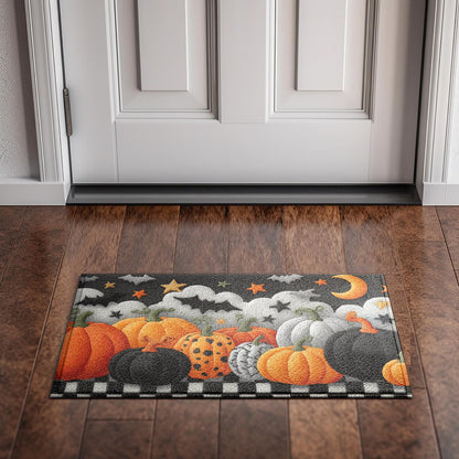 Halloween Pumpkin Doormat, Spooky Fall Entry Rug with Bats, Stars, and Checkerboard Border, Indoor Outdoor Mat