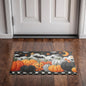 Halloween Pumpkin Doormat, Spooky Fall Entry Rug with Bats, Stars, and Checkerboard Border, Indoor Outdoor Mat