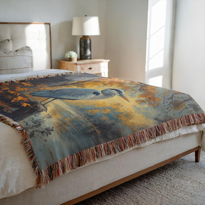 Woven Heron Woven Blanket, Autumn Lake Scene, Nature-Inspired Bird Throw, Cozy Tapestry Blanket for Wildlife Bird Lovers