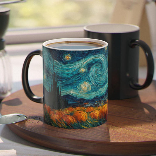 Starry Night Pumpkin Patch Color-Changing Mug, Heat Reveal Coffee Cup, 11oz, Home Decor, Art Enthusiasts, Office Essentials