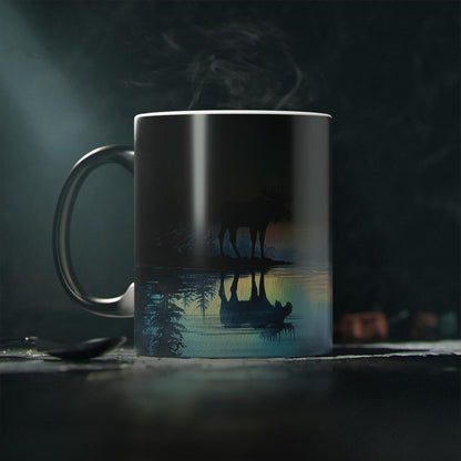 Northern Lights Moose Color-Changing Mug, Watercolor Art Style, Heat Reveal Coffee Cup 11oz