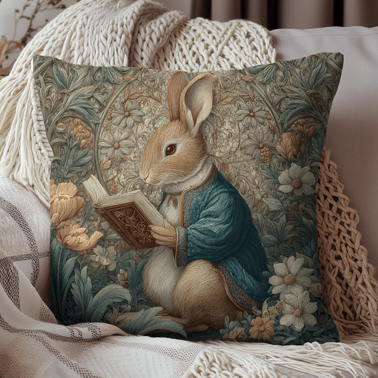 Rabbit The Rabbit Reading Pillow, Literary Bunny Cushion, William Morris Inspired Animal Throw Pillow for Cottagecore Book Lover Home Décor
