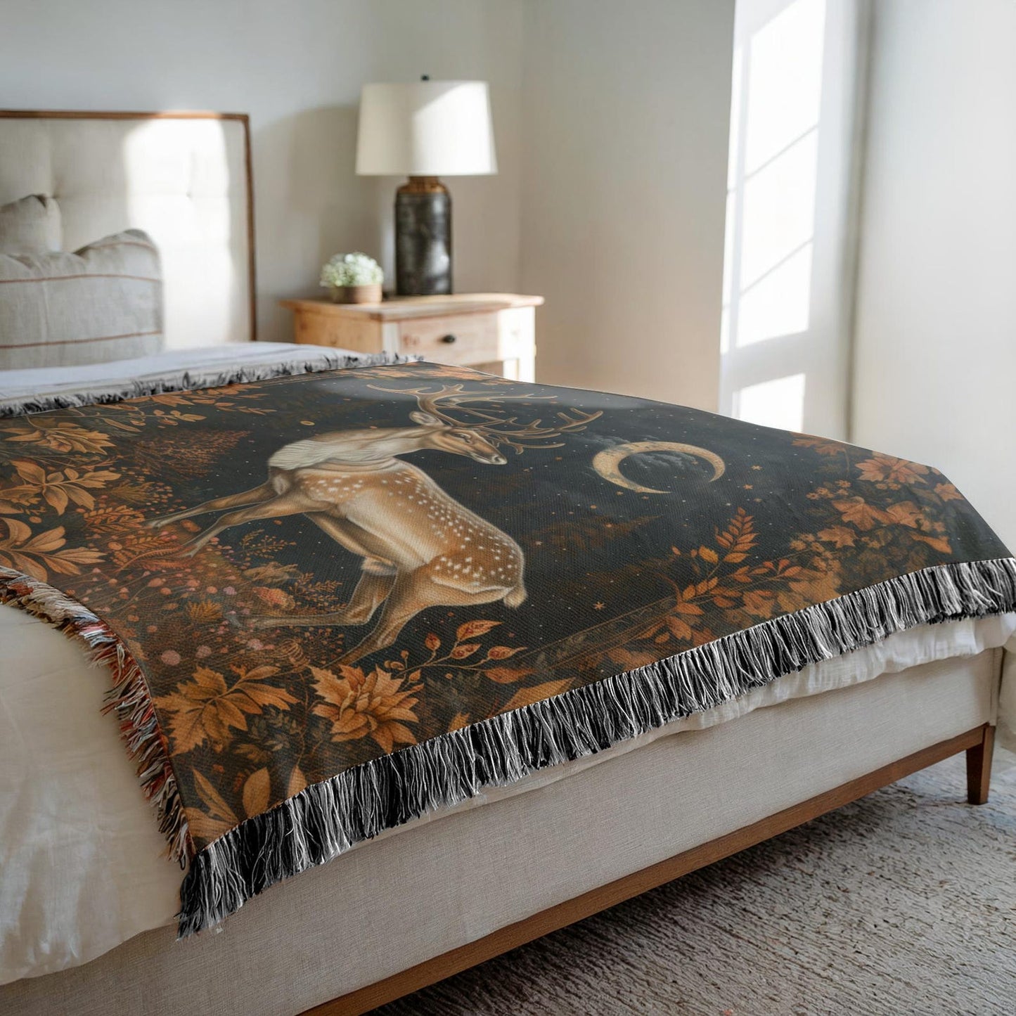 Reindeer Fall Forest Woven Blanket, Cozy Home Decor, William Morris Inspired Cotton Blanket