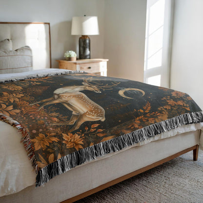 Reindeer Fall Forest Woven Blanket, Cozy Home Decor, William Morris Inspired Cotton Blanket