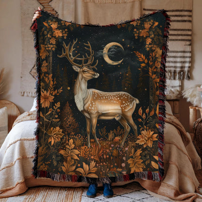 Reindeer Fall Forest Woven Blanket, Cozy Home Decor, William Morris Inspired Cotton Blanket