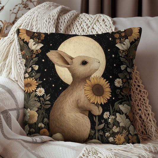 Moon Rabbit Pillow, Woodland Bunny Cushion with Sunflowers & Starry Night Sky, Cozy Cottagecore Home Décor