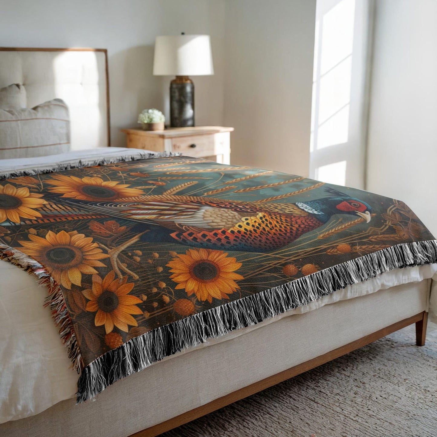 Autumn Pheasant & Sunflowers Woven Blanket, Vintage Farmhouse Fall Throw, Cozy Wildlife Nature Tapestry Blanket